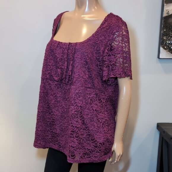 3/$20 Reitmans Purple Scoop Neck Lace Blouse Short Sleeve Pleated Top - Picture 5 of 9